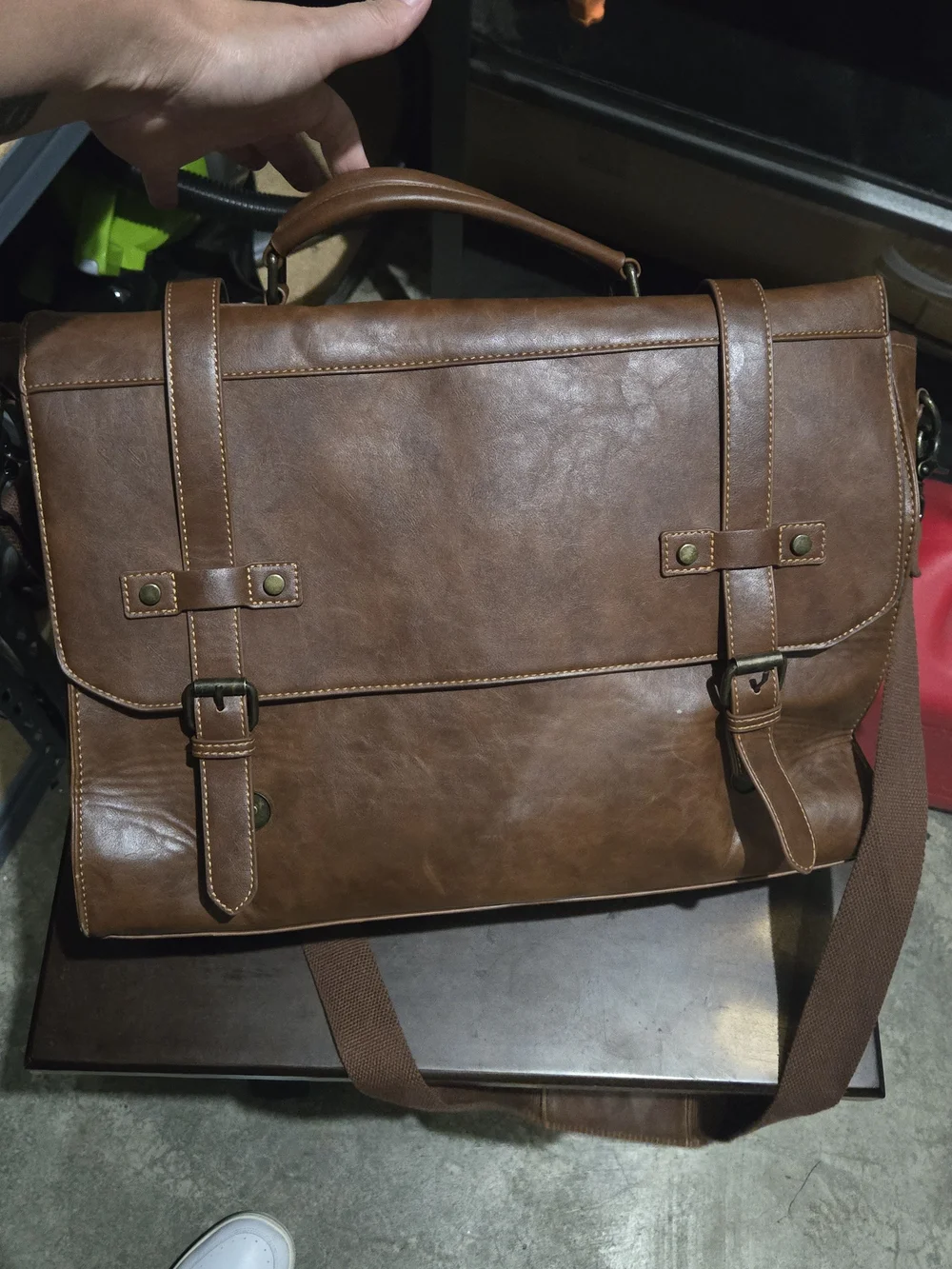 Brown Leather Messenger Bag with Top Handle and Strap